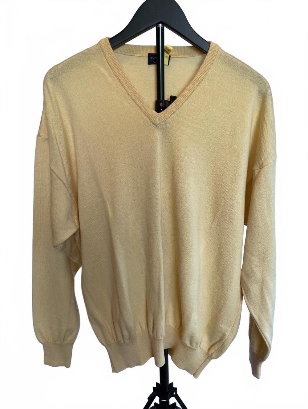 Burberry Golf Pastel Yellow Extra Fine Merino Wool V Neck Men's Sweater XL Italy